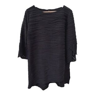 IC by Connie K Tunic Top L Black Textured Sheer Bell Sleeve Made in USA